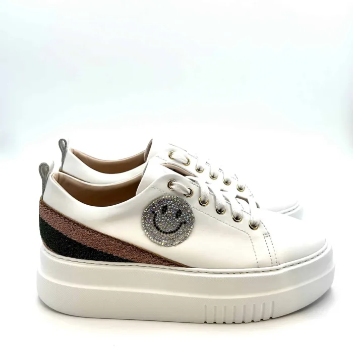 Sneakers Stokton in pelle Bianca con Smile gioiello 961-d  H. 6cm, foto 1 di 5