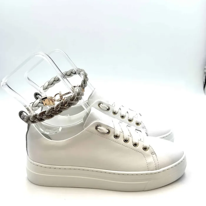 Sneakers Stokton in pelle Bianca con braccialetto gioiello Argento amovibile  963-d  H. 4cm, foto 1 di 5