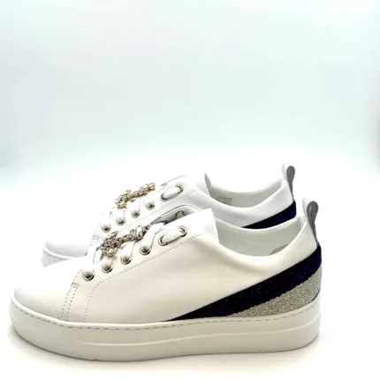 Sneakers Stokton in pelle Bianca con Ancora gioiello Argento amovibile 956-d  H. 4cm