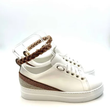 Sneakers Stokton in pelle Bianca con braccialetto gioiello oro rosa amovibile  964-d H 4cm