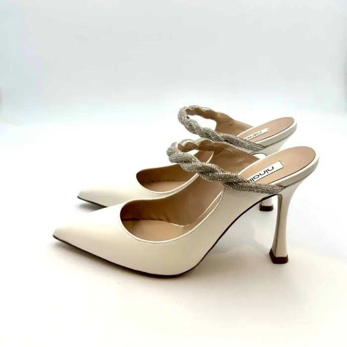 Sabot Mules Ninalilou in nappa Bianca con accessorio gioiello e tacco 9,5 cm cod. 321224M9 Mya 952 C, foto 3 di 5