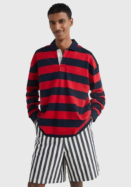 Polo Tommy Hilfiger, maniche lunghe, a righe Rosse e Blu, Regular Fit art. MW0MW30019 0EV