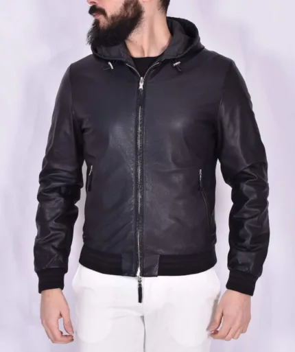 Giubbotto In pelle con Cappuccio The Jack Leathers Art Regent Park Perfo Reversible Dark Blue