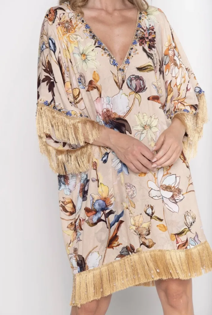 Abito corto Miriam Stella Beige con frangie e stampa camelie e peonie, foto 3 di 6