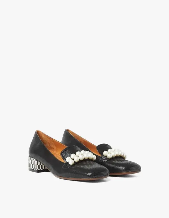 Decollettè Chie Mihara in nappa nera, tacco grosso 4 cm fantasia geometrica e perle art. IDAKO, foto 2 di 3