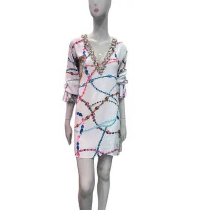 Abito camicia Miriam Stella Bianco con stampa farfalla e scollo a V