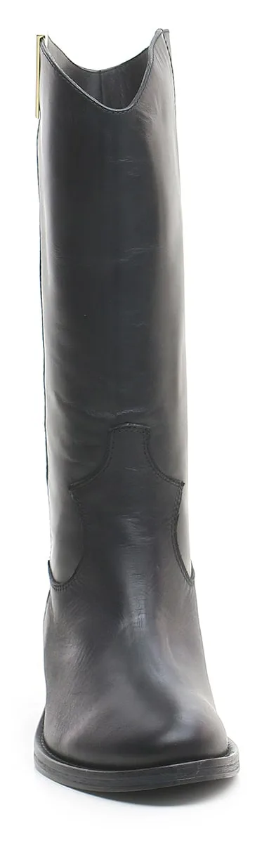 Stivali Texani Via Roma 15 in Pelle Venice Nera Con V Oro art. 3982 Tacco 5cm, foto 5 di 5