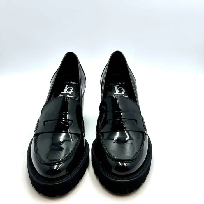 Mocassino in Vernice Nera Luca Grossi Con Tacco 7,5 cm Plateau 2 cm Art D424M, foto 5 di 5