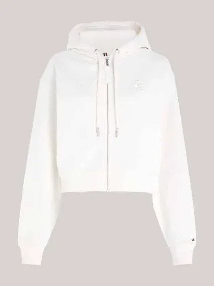 Felpa con Cappuccio in Pile con Logo Ricamato Tommy Hilfiger Bianca art. WW0WW39797 YBH