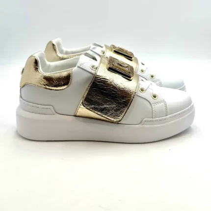 Sneakers Donna Pollini in nappa Bianca e Oro, con inserti Strappo e Accessorio Gioiello art. SA15054G1HXF110A
