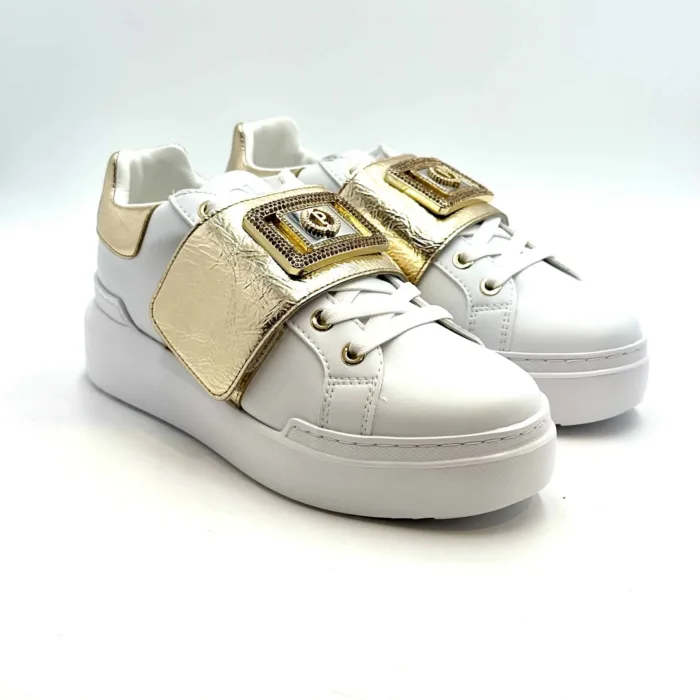 Sneakers Donna Pollini in nappa Bianca e Oro, con inserti Strappo e Accessorio Gioiello art. SA15054G1HXF110A, foto 2 di 7