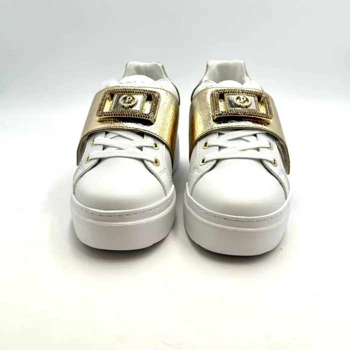 Sneakers Donna Pollini in nappa Bianca e Oro, con inserti Strappo e Accessorio Gioiello art. SA15054G1HXF110A, foto 3 di 7