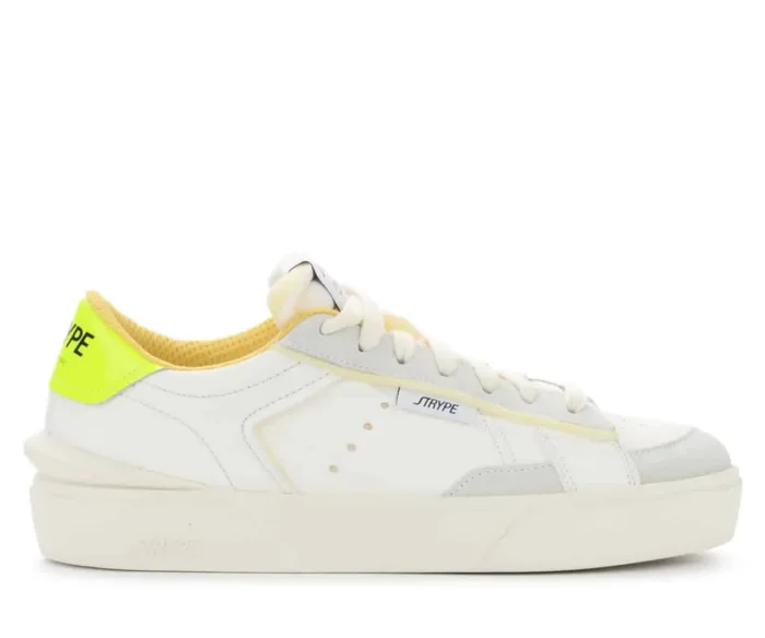 Sneakers Strype Uomo in Pelle Bianca con dettagli in Camoscio e Spoiler Giallo Fluo art. ST1001, foto 1 di 3