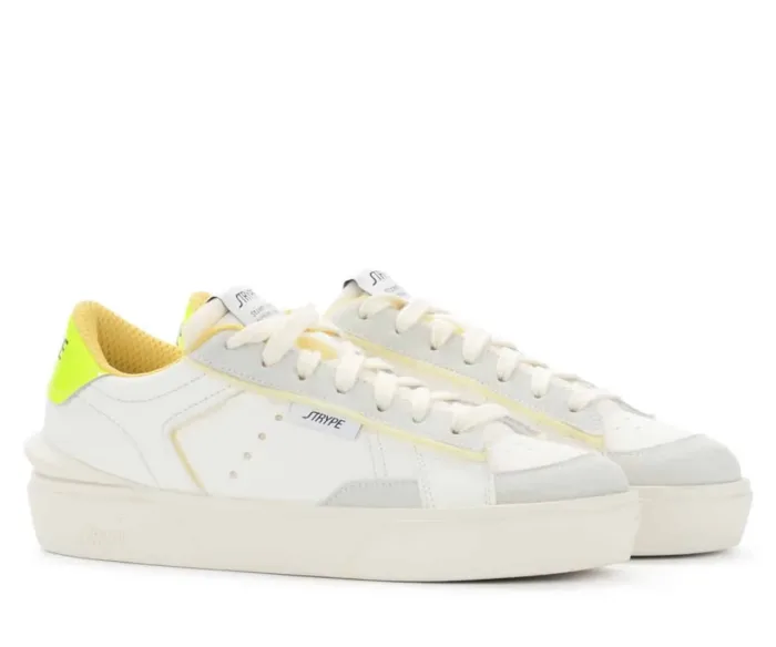 Sneakers Strype Uomo in Pelle Bianca con dettagli in Camoscio e Spoiler Giallo Fluo art. ST1001, foto 3 di 3