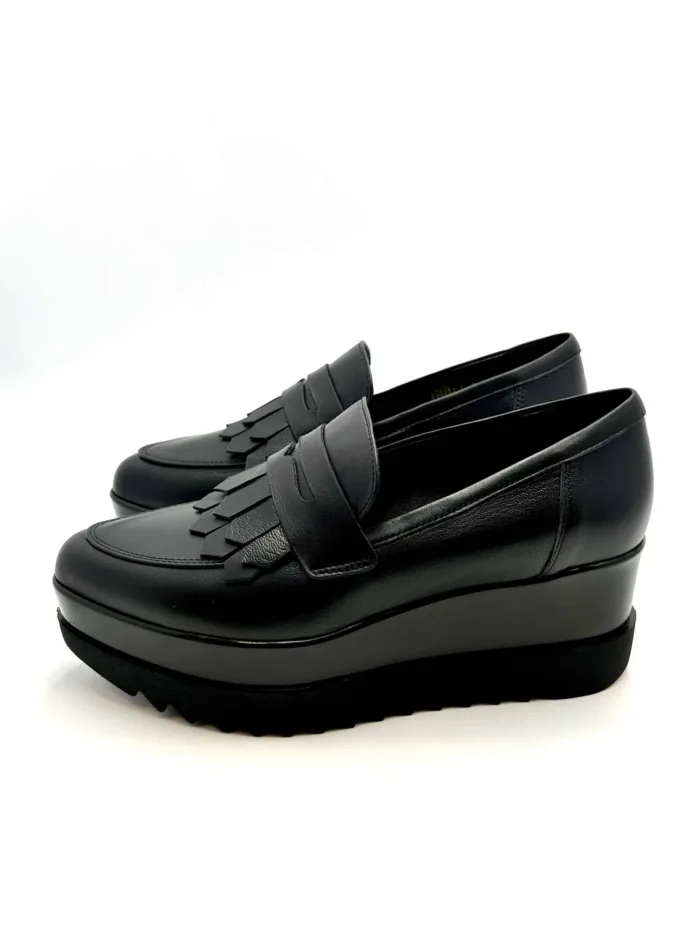 Mocassino Lorenzo Mari in Pelle Nera Con Frange  H 6 cm Art Clea 02, foto 3 di 5