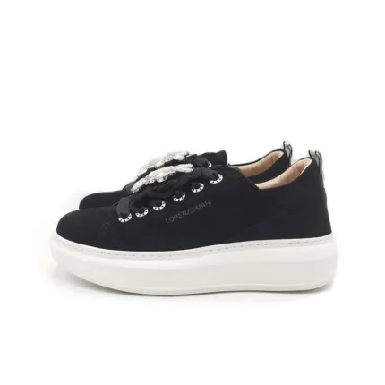Sneakers Lorenzo Mari In Camoscio Nero con Accessorio Amovibile Gioiello, Plateau  4,5 cm art. Laura