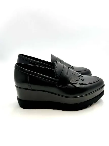Mocassino Lorenzo Mari in Pelle Nera Con Frange  H 6 cm Art Clea 02