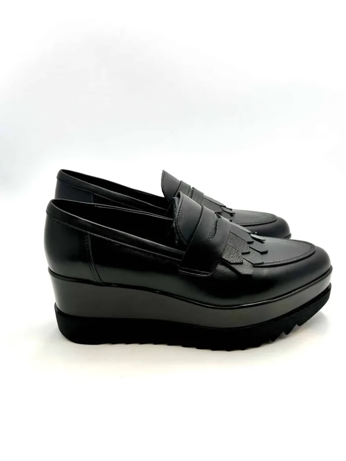 Mocassino Lorenzo Mari in Pelle Nera Con Frange  H 6 cm Art Clea 02, foto 1 di 5