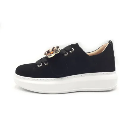 Sneakers Lorenzo Mari In Camoscio Nero con Velcro Gioiello, Plateau  4,5 cm art. Ginny