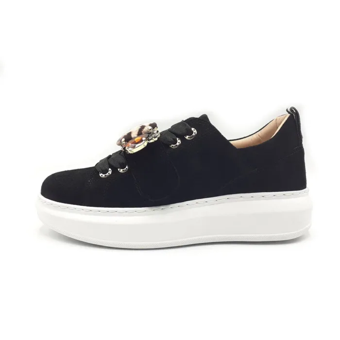 Sneakers Lorenzo Mari In Camoscio Nero con Velcro Gioiello, Plateau  4,5 cm art. Ginny, foto 1 di 3