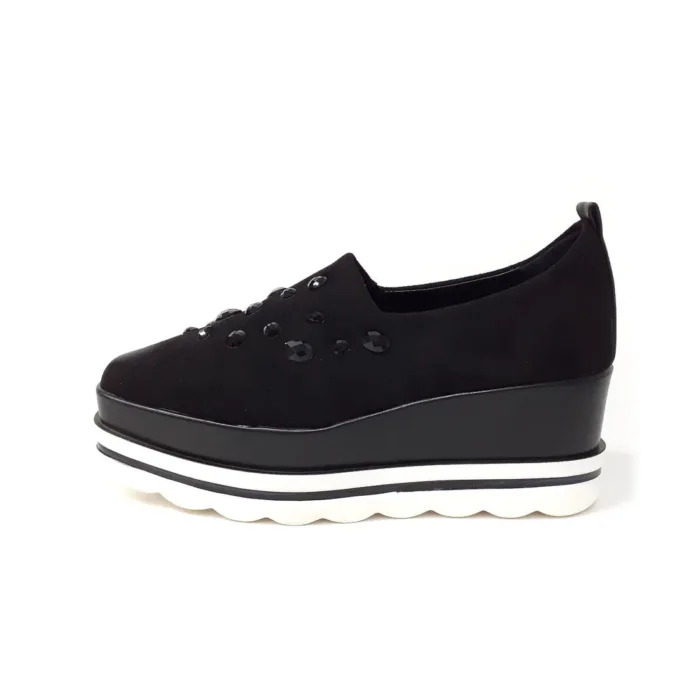 Mocassino con zeppa in tessuto elasticizzato Lorenzo Mari Nero accessorio gioiello e zeppa 6cm art. MIA 01, foto 1 di 1