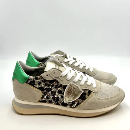 Sneakers Donna Philippe Model Tropez In Camoscio Beige e Dettagli Glitter Animalier cod. TZLD GA01