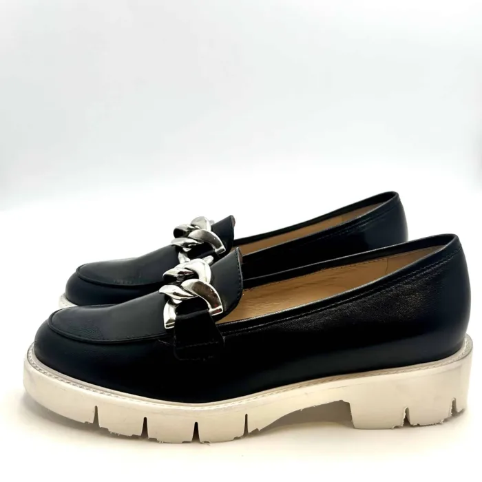 Mocassino Luca Grossi In Pelle Nera con Accessorio Catena Argento Tacco  4 cm art. H550M, foto 3 di 5