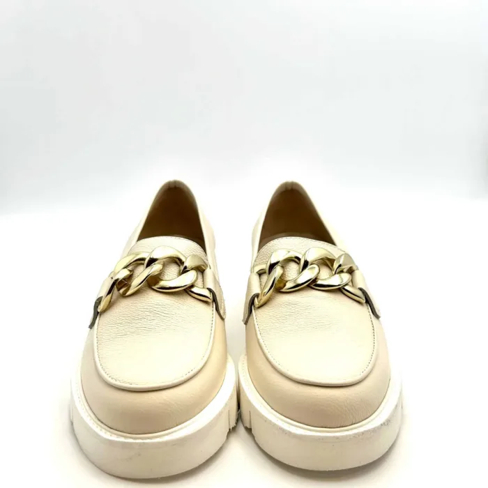 Mocassino Luca Grossi In Pelle Beige Chiaro con Accessorio Catena Oro Tacco  4 cm art. H550M, foto 2 di 5