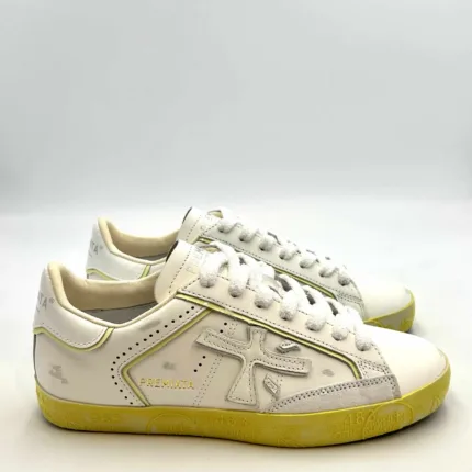 Sneakers Premiata Donna in Pelle Bianca con Dettagli Giallo Fluo art. Stevend 6668