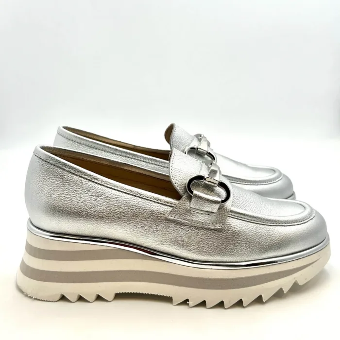 Mocassino Luca Grossi In Pelle Argento con Accessorio Morsetto Zeppa 5 cm art. H873M, foto 1 di 5
