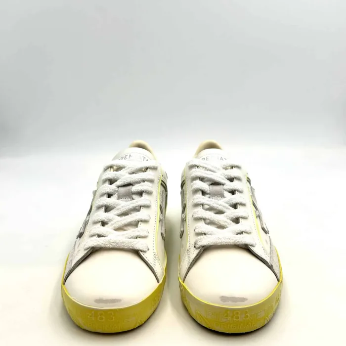 Sneakers Premiata Donna in Pelle Bianca con Dettagli Giallo Fluo art. Stevend 6668, foto 2 di 4