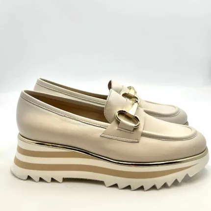 Mocassino Luca Grossi In Pelle Beige con Accessorio Morsetto Zeppa 5 cm art. H873M