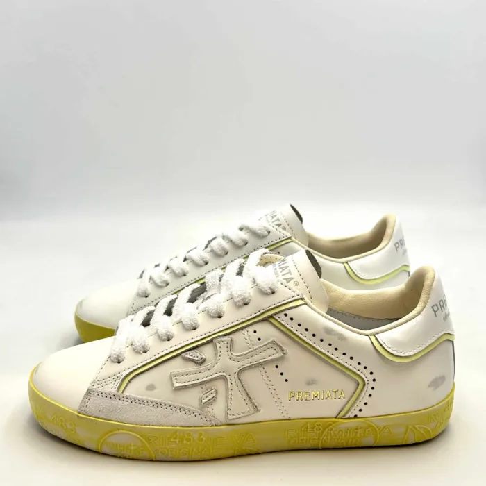 Sneakers Premiata Donna in Pelle Bianca con Dettagli Giallo Fluo art. Stevend 6668, foto 3 di 4