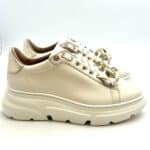 Sneakers Stokton in Pelle color Crema con accessorio Catena amovibile e spoiler Oro Art  860-d H 6cm