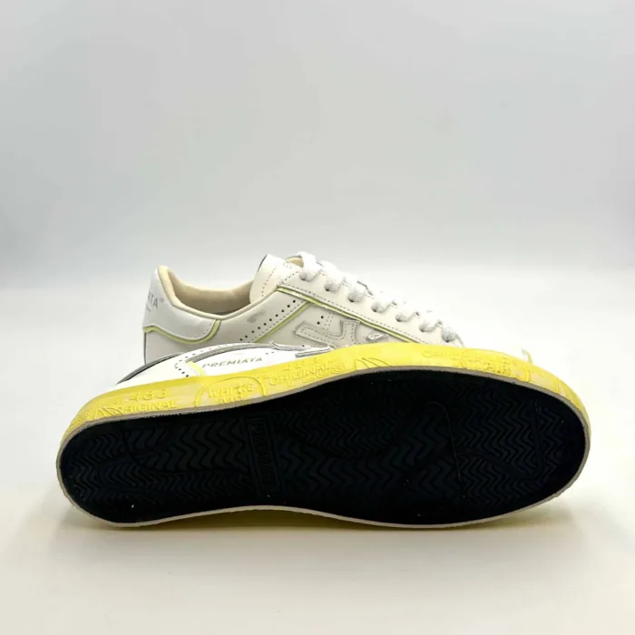 Sneakers Premiata Donna in Pelle Bianca con Dettagli Giallo Fluo art. Stevend 6668, foto 4 di 4