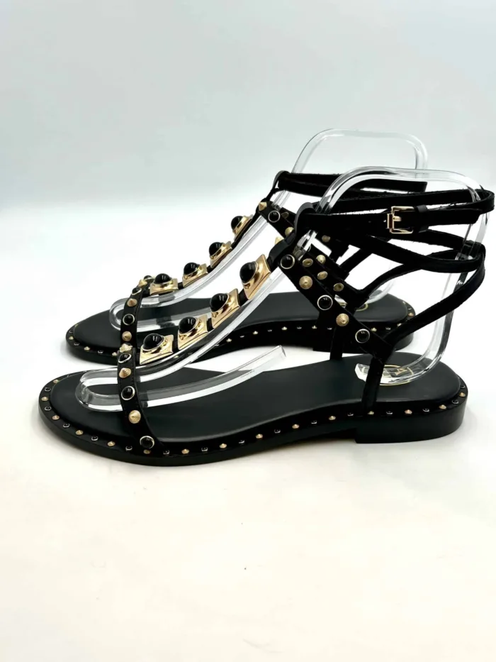 Sandalo Alla Schiava Ash in Pelle Nera con Borchie Oro e Nere Tacco 2 cm art. Party Black, foto 3 di 5