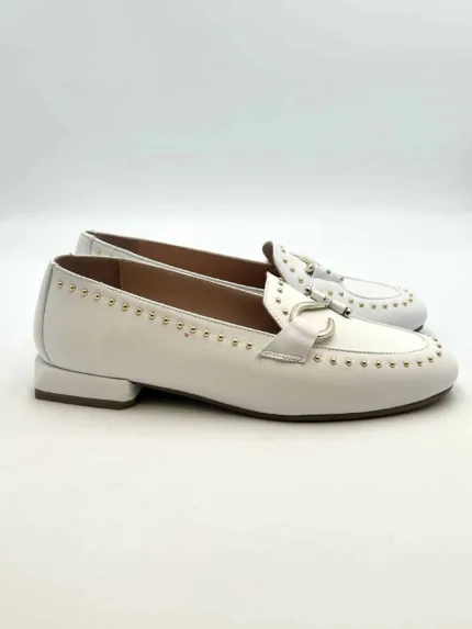 Mocassino Lorenzo Mari con Borchie in Pelle Bianca Tacco 3 cm art. Calla 05