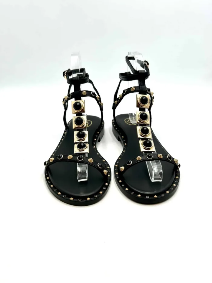 Sandalo Alla Schiava Ash in Pelle Nera con Borchie Oro e Nere Tacco 2 cm art. Party Black, foto 2 di 5