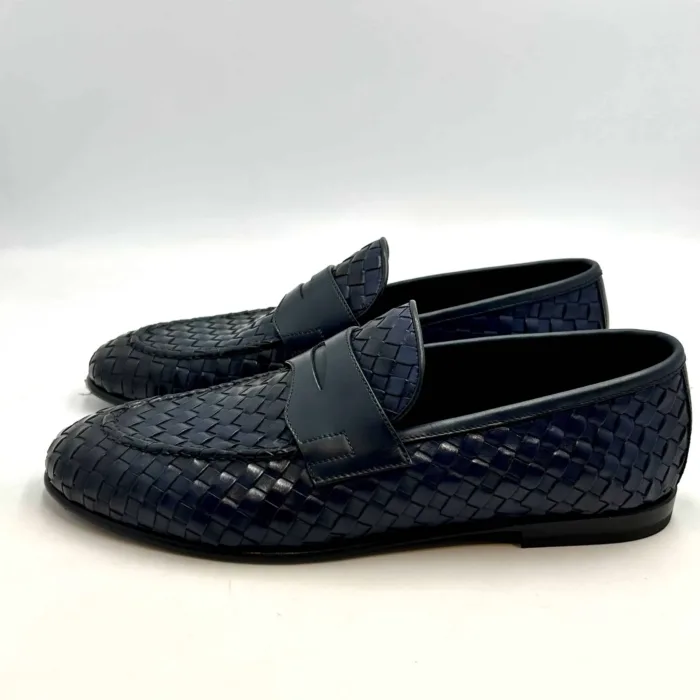 Mocassino Penny Uomo Barrett In Pelle Intrecciata Blu Con Fondo Cuoio Antiscivolo Art. 231U040.4, foto 2 di 5