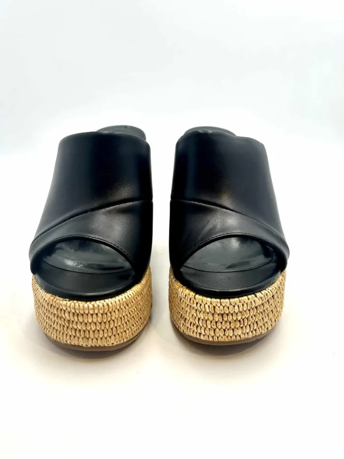 Sandalo Sabot Lorenzo Mari in Pelle Nera Tacco in Rafia 12 cm Plateau  4 cm art. Peonia 02, foto 2 di 5