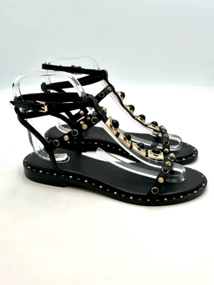 Sandalo Alla Schiava Ash in Pelle Nera con Borchie Oro e Nere Tacco 2 cm art. Party Black