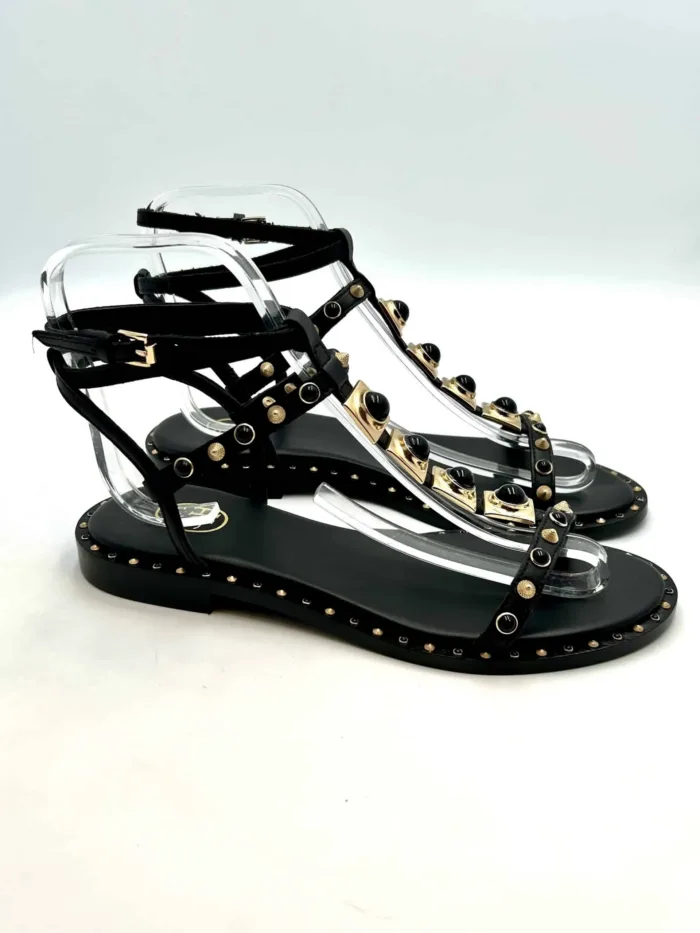 Sandalo Alla Schiava Ash in Pelle Nera con Borchie Oro e Nere Tacco 2 cm art. Party Black, foto 1 di 5