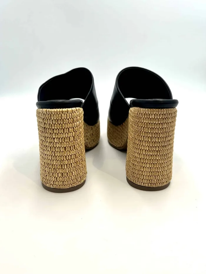 Sandalo Sabot Lorenzo Mari in Pelle Nera Tacco in Rafia 12 cm Plateau  4 cm art. Peonia 02, foto 4 di 5