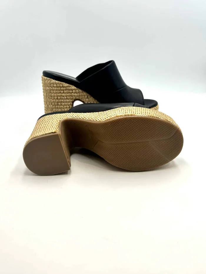 Sandalo Sabot Lorenzo Mari in Pelle Nera Tacco in Rafia 12 cm Plateau  4 cm art. Peonia 02, foto 5 di 5