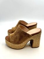Sandalo Sabot Lorenzo Mari in Camoscio Cuoio Tacco in Rafia 12 cm Plateau  4 cm art. Peonia 02 - immagine 3