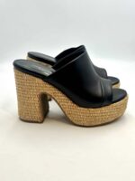 Sandalo Sabot Lorenzo Mari in Pelle Nera Tacco in Rafia 12 cm Plateau  4 cm art. Peonia 02