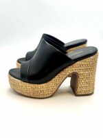 Sandalo Sabot Lorenzo Mari in Pelle Nera Tacco in Rafia 12 cm Plateau  4 cm art. Peonia 02 - immagine 3
