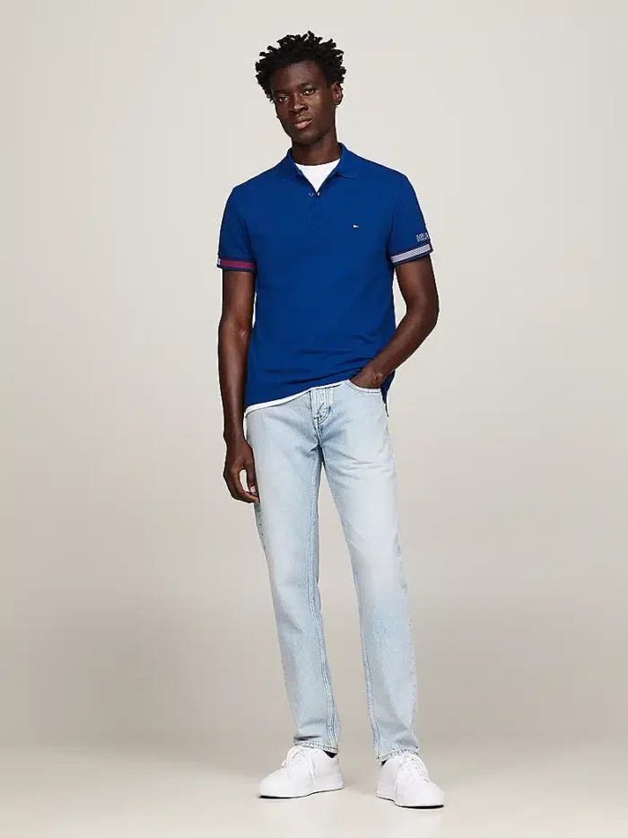 Polo Slim Fit Uomo Tommy Hilfiger Blu Ancora Flag Cuff art. MW0MW34780 C5J, foto 3 di 5
