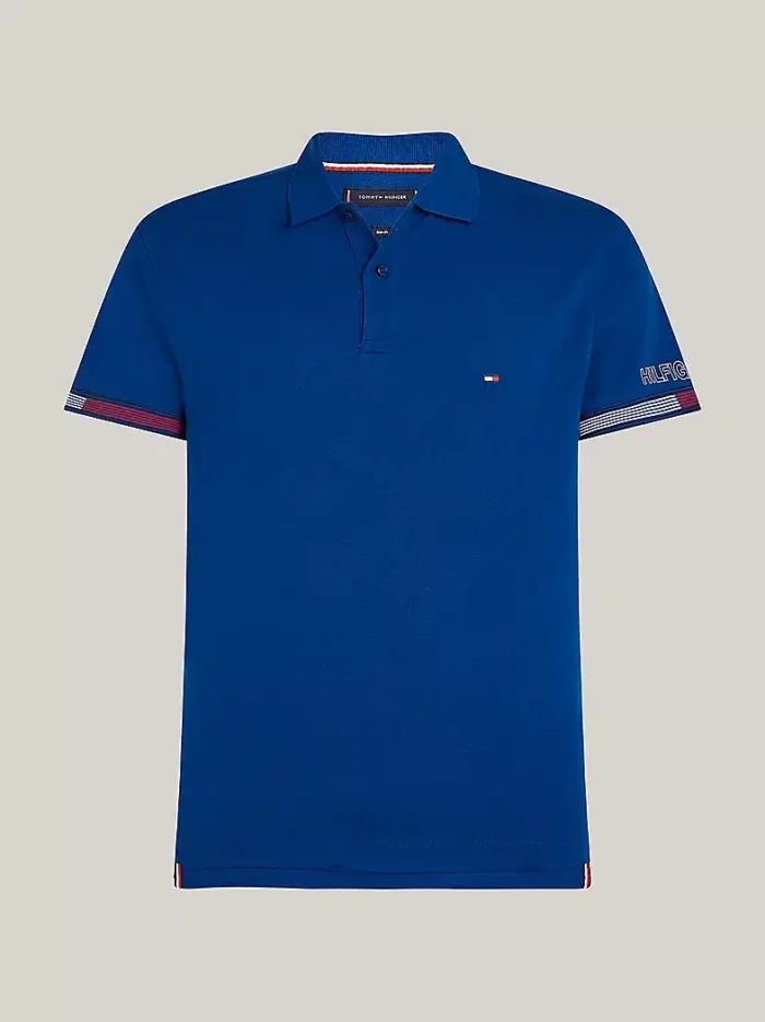 Polo Slim Fit Uomo Tommy Hilfiger Blu Ancora Flag Cuff art. MW0MW34780 C5J, foto 1 di 5