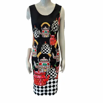 Abito tubino Twins nero con fantasia teiere cod. T4053